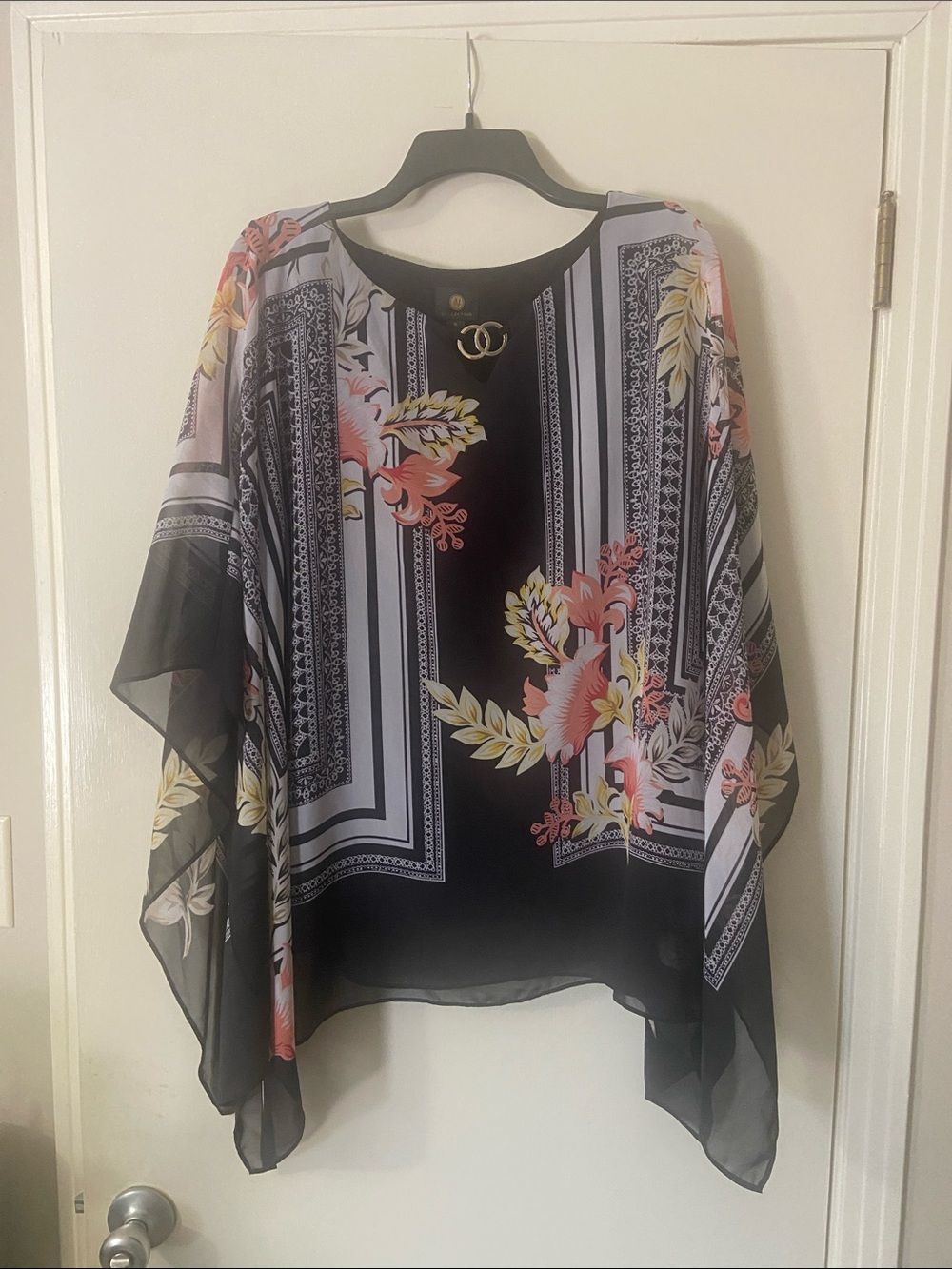 JM Collection Black Floral Sheer Tunic with Pink and Yellow Accents